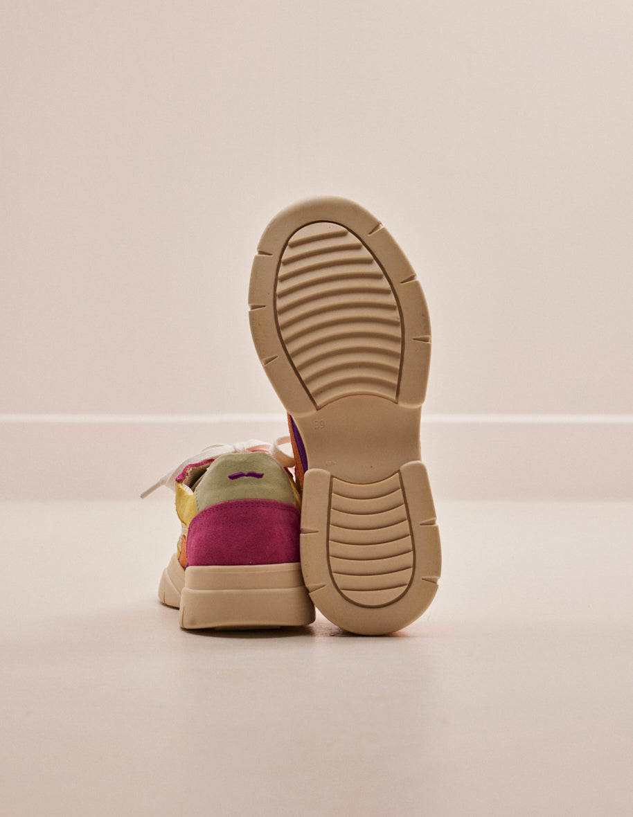 Baskets basses Laura - Suède et mesh citron beige rose