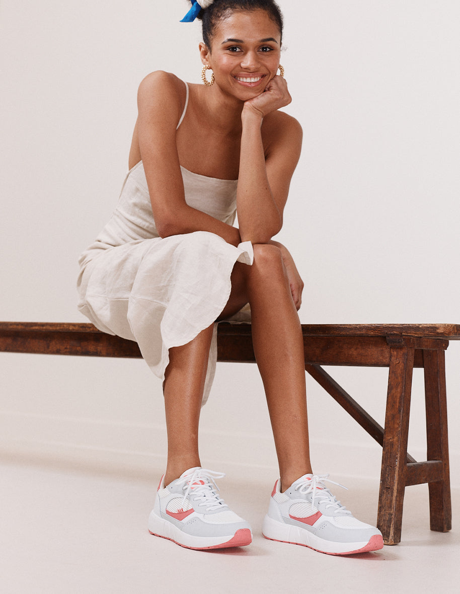 Baskets basses Marion - Cuir recyclé et suède vegan blanc corail