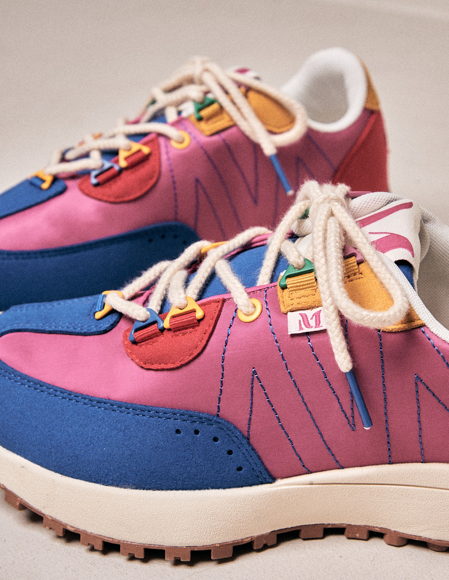 Baskets basses Morgane - Suède vegan et nylon bleu rose rouge