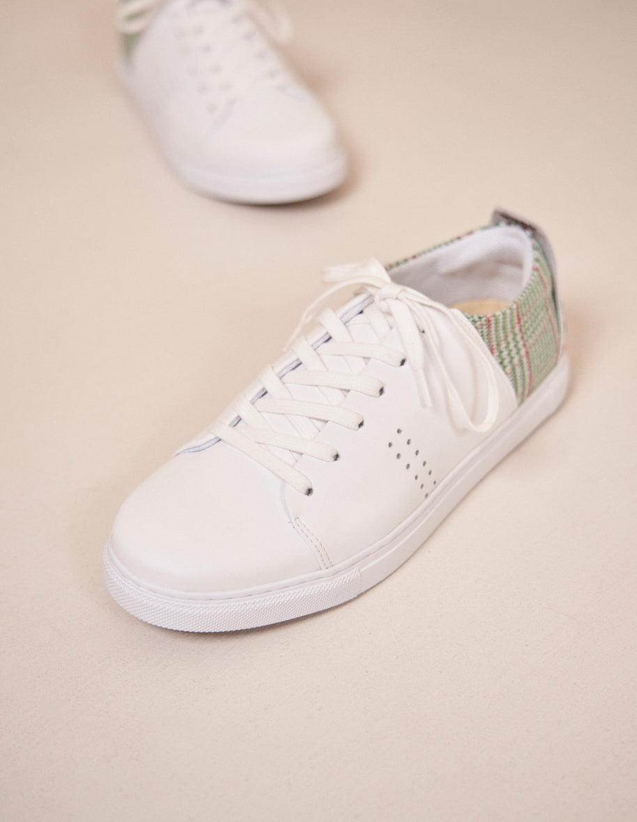 Baskets basses Renée - Cuir blanc et tartan vert