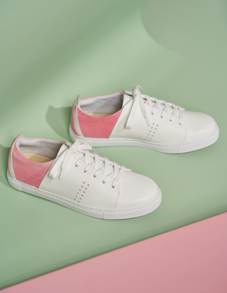 Baskets basses Renée - Cuir blanc et toile tie and dye rose