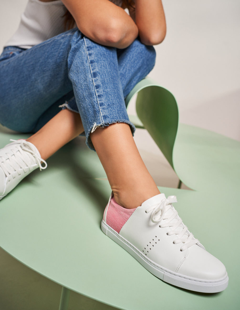 Baskets basses Renée - Cuir blanc et toile tie and dye rose