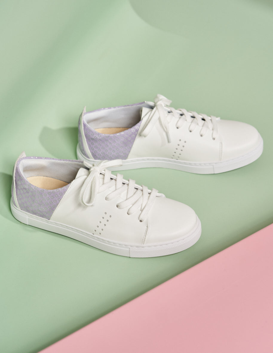 Baskets basses Renée - Cuir blanc et suède floral lilas