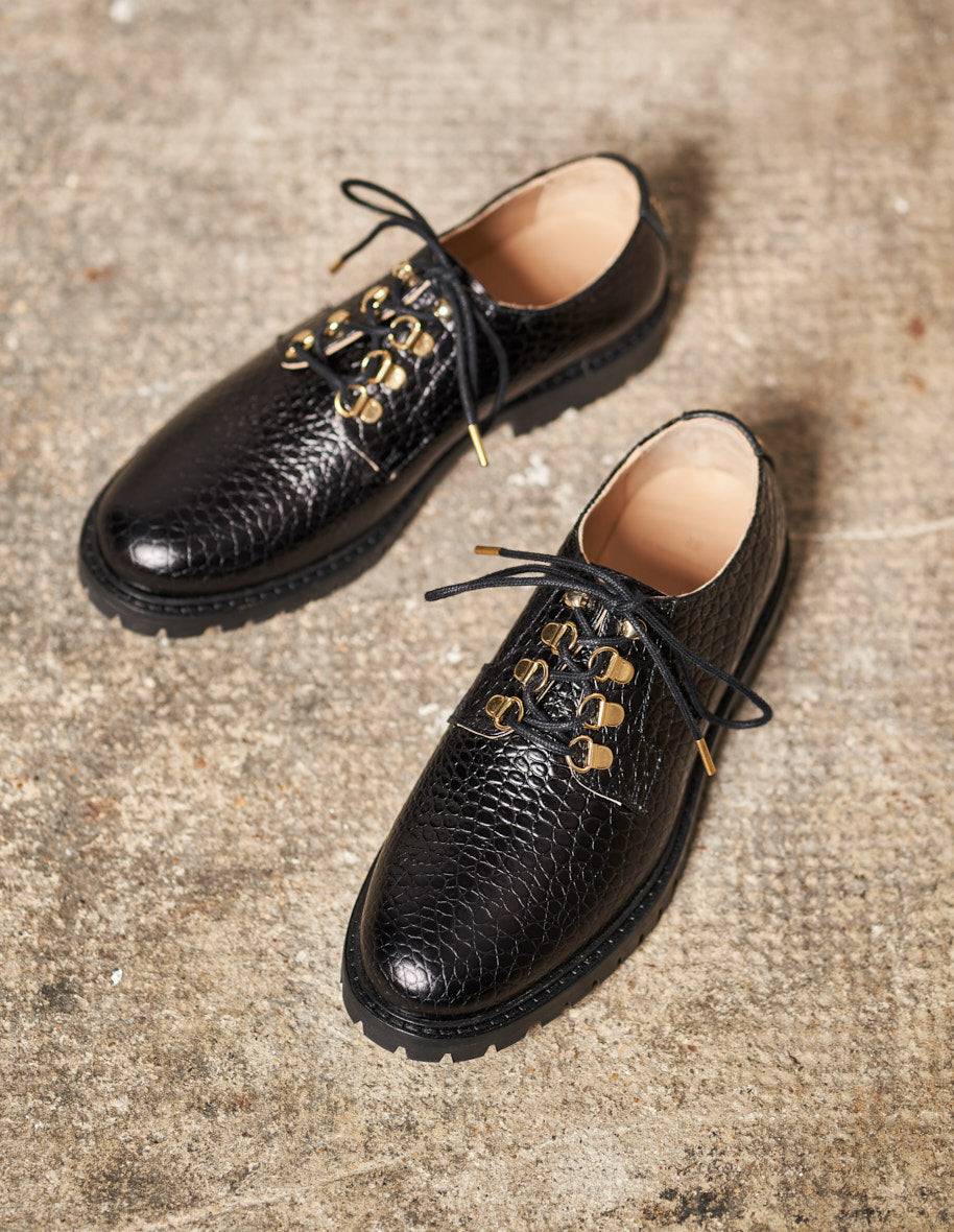 Derbies Agnès - Cuir Croco Noir