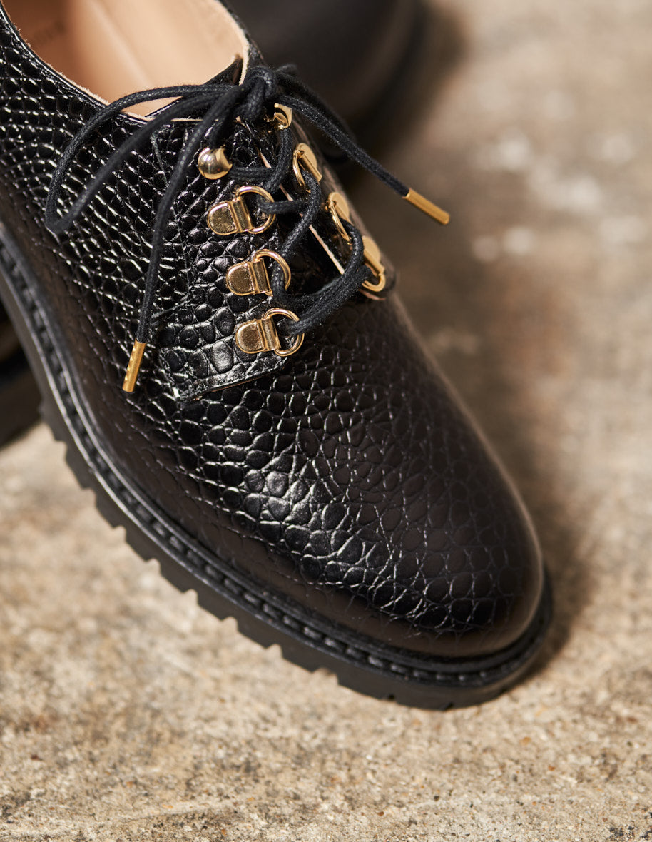 Derbies Agnès - Cuir Croco Noir