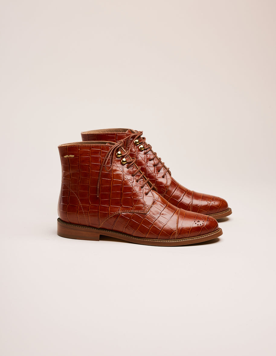 Bottines à lacets Lucienne - Cuir croco cognac