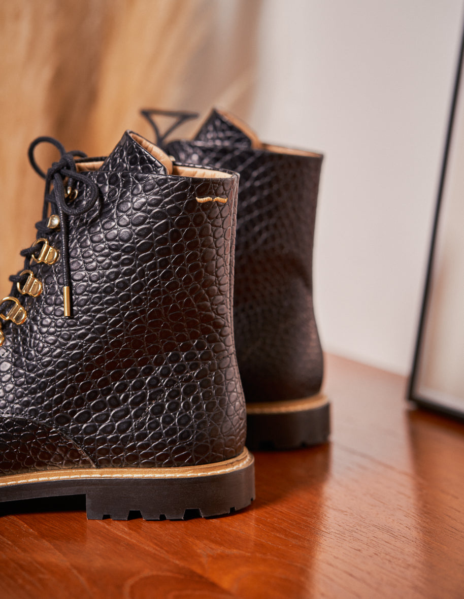 Bottines à lacets Alix - Cuir Croco Noir