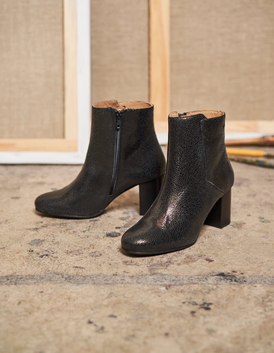 Bottines à talons Mathilde H - Cuir Craquelé Noir