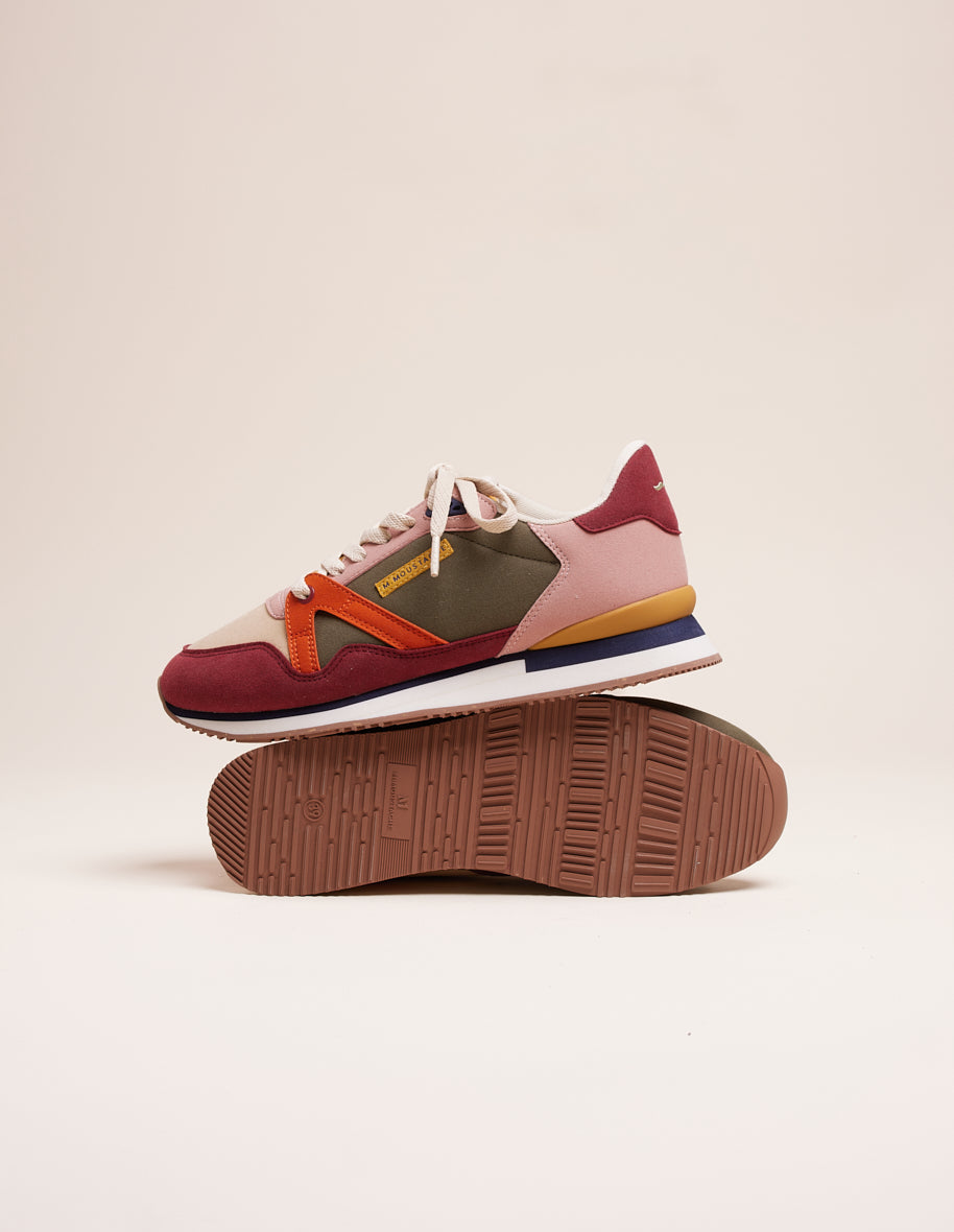 Baskets basses Andrée - Suède vegan bordeaux beige orange